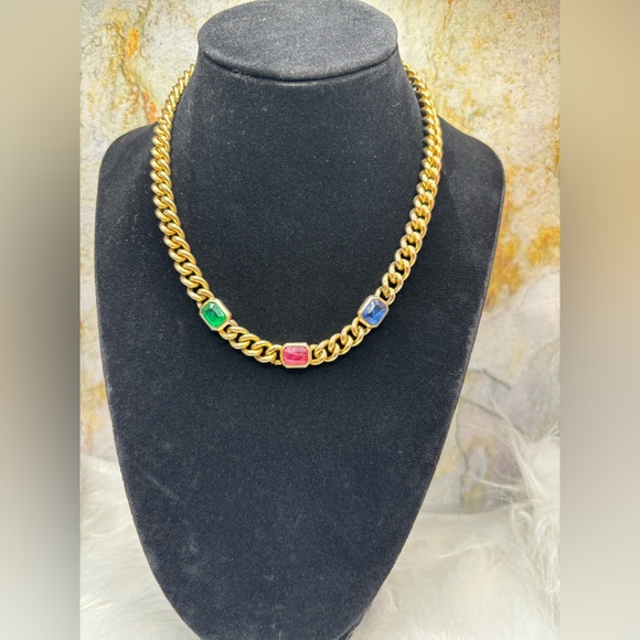 1980s Authentic Christian Dior Multi Stone Yellow Gold Tone Chunky Curb Chain - Picture 3 of 7